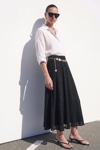 Sateen Dokulu Kloş Etek - Siyah-137412