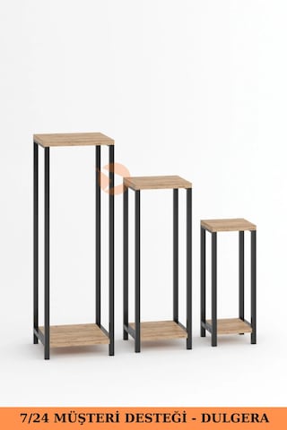 Flora Dekoratif 3'lü Metal Çiçeklik Saksı Standı & Yan Sehpa Seti - Modern Bahçe Balkon Çiçek Rafı - Çam