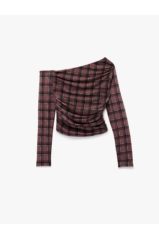 Koton Asimetrik Yaka Uzun Kollu Drape Detaylı Ekose Tişört Bordo Ekose 6wal10437ık