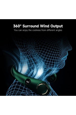 Yunboo Taşınabilir Şarjlı Boyun Fanı - 3 Hızlı Ayarlı, 360 Esinti, Led Ekran, Yeşil Açık Yeşil Açık Yeşil