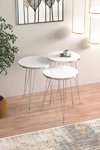 Beyaz Gümüş Metal Ayaklı Gümüş Detaylı Zigon Sehpa