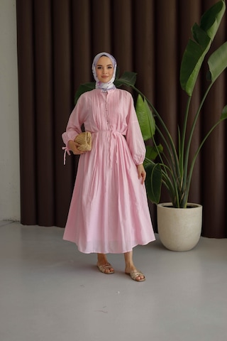 Moonsc Kadın Regular Fit Nervürlü Pamuklu Astarlı Keten Pembe Tesettür Elbise