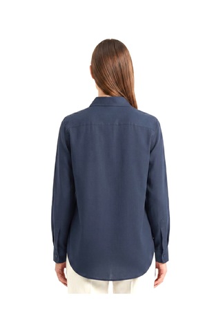 Goffra Kadın Solo %100 Doğal Keten Gömlek -- Klasik Yaka Basic Minimalist Tasarım Lacivert W208-k0401-03