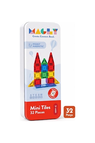 Magly Mini Tiles - Seyahat Boy Manyetik Yapı Blokları - Çocuklar İçin Metal Kutulu 32 Parça Mini Manyetik Oyun Seti