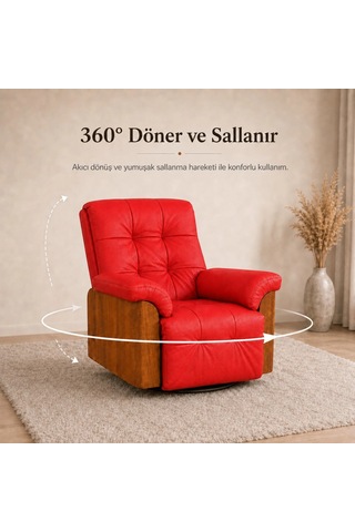 Smarto Relax Berlin Elektrikli Döner Sallanan Tv Koltuğu Kontrol Panelli Ergonomik Kırmızı Deri Baba Koltuğu