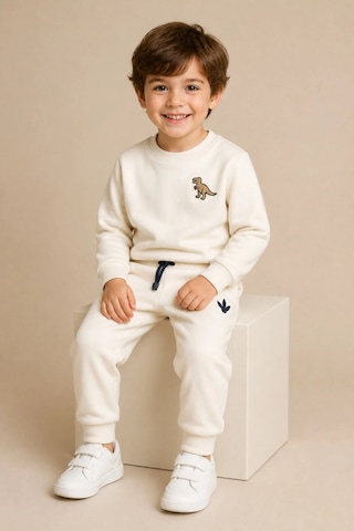 Rony Pony Kids Erkek Çocuk Krem Dinozor Nakışlı Pamuklu 2 İplik Sweatshirt Ve Lastik Paçalı Eşofman Takımı