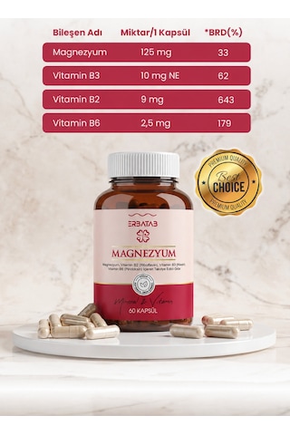 Erbatab Magnezyum Bisglisinat Sitrat Malat & Vitamin B2 B3 B6 3'lü Form 60 Kapsül