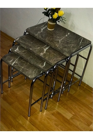 Renk Renk Mermer Desenli Parlak Mikelaj Ayaklı 4'Lü Zigon Sehpa (488719602)