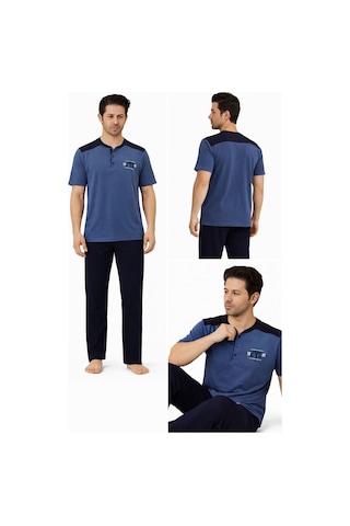 Gk Luxury & Fashıon Sude Erkek Pijama Takımı Kısa Kollu Alt Uzun - A300-05 Ve A301-1173-1 %100 Koton Mavi