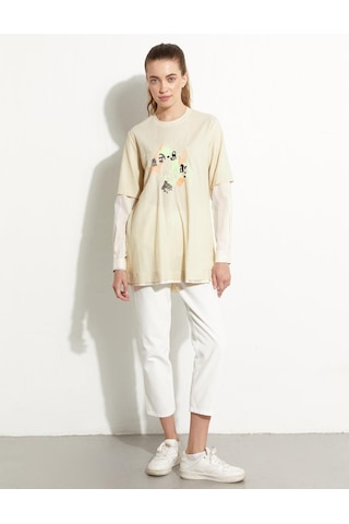 Baskılı Katmanlı Sweat-krem Krem