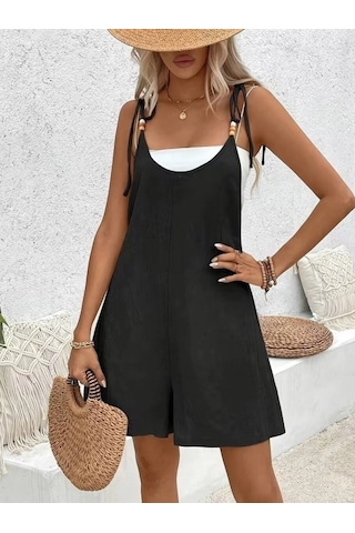 DefyModa Kadın Ip Askılı Yuvarlak Yakalı Boncuk Detaylı Geniş Paçalı Salaş Kısa Pera Tulum Siyah