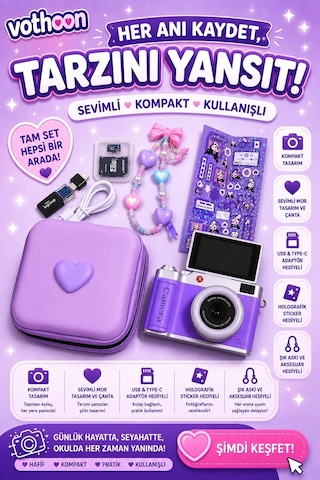 4k Çantalı Dijital Retro Video Kamera 48mp 16x Zoom Işıklı 32gb Kart Dijital Fotoğraf Makinesi Mor