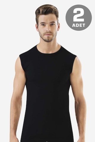 Erkek Pamuklu Siyah Tişört Sıfır Kol Sıfır Yaka Kolsuz Atlet 2'li Paket Siyah