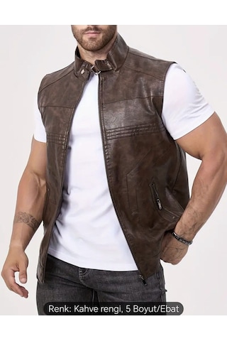 Uzun Hakim Yaka Regular Fit Hakiki Deri Yelek Kahverengi