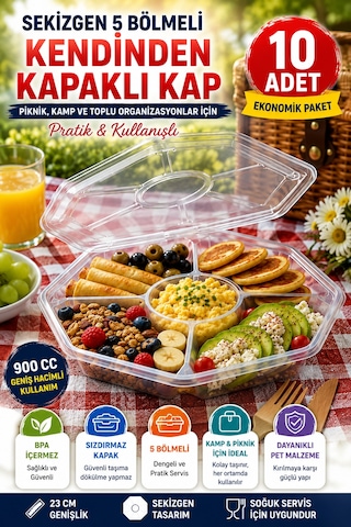 10'lu Sekizgen 5 Bölmeli Kendinden Kapaklı Pet Gıda Kabı 900 Cc Şeffaf Sızdırmaz Sunum Kabı 23 Cm Set