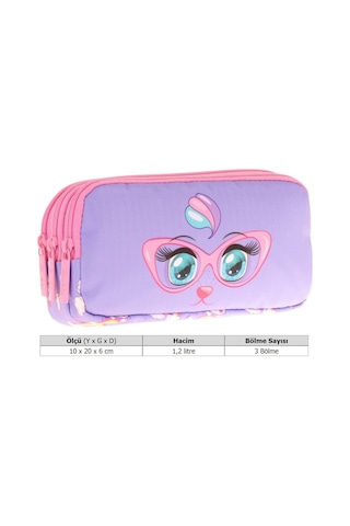 Kaukko Kids Üç Bölmeli Pembe Lila, Gözlüklü Kedi Baskılı, Kız Çocuk Okul Kalemliği - L8236 Pembe - Lila