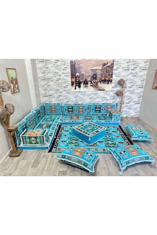 Coton Şark Köşesi Milas Desenli Yer Minderleri Turkuaz