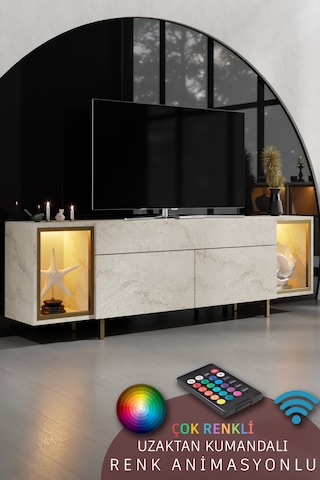Zenith Gold Demir Ayaklı Rgb Led Işık Sistemli Traverten Tv Ünitesi Tv Sehpası Traverten - Altın