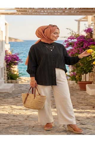 Mirve Butik Balon Kol Gömlek SİYAH