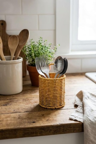 Yuvarlak Hasır Dokulu Plastik Rattan Kaşıklık Ve Çatallık, Askılı Çok Amaçlı Mutfak Organizeri, 10x14 Cm Açık Ahşap