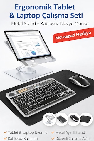 Samsung Galaxy Tab S10 Lite Sm-x400 Uyumlu Ergonomik Çalışma Seti Metal Stand Rgb Klavye Mouse Optik