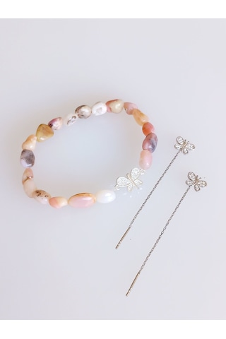 925 Ayar Gümüş Zincir Kelebek Küpe Pembe Ay Taşı Doğal Taş Kadın Bileklik Gümüş