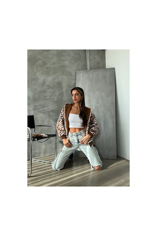 Verymoda Leopar Baskılı Peluş Mont F1650 Taba Zebra