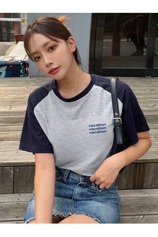 Vocation Parçalı Süprem T-shirt - Gri Lacivert Baskılı Oversize Bisiklet Yaka Kısa Kol Tişört Gri-lacivert
