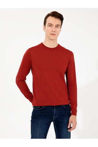Cacharel Koyu Kiremit Slim Fit Bisiklet Yaka Basic Triko Kazak Kırmızı