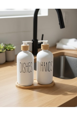 2'li Sıvı Sabun Ve Bulaşık Deterjanı Seti 500 Ml Hacimli Bambu Kapak Ve Ahşap Standlı Ahşap - Beyaz