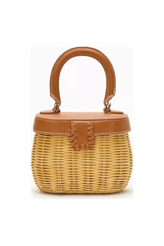 Self-portrait Self-portraıt Bow Basket Çanta Naturel Rattan & Altın Detaylı Zarif Mini Tote Portföy Çanta Sarı 15bat