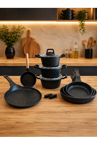 Obsidyen Supreme Set 12 Parça Döküm Granit Tencere, Tava, Krep Tava Ve Sosluk Seti 16-18-20 Cm Derin Tencere 20-24-28 Cm Tava 26 Cm Krep Tava 14 Cm Sosluk Siyah