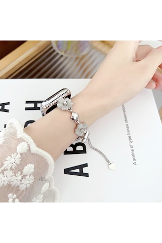 Apple Uyumlu Watch Seri 4 5 6 7 8 9 10 42-38-40-41mm Çiçekli Ve Kalp Zincir Detaylı Bileklik Tasarım Kordon