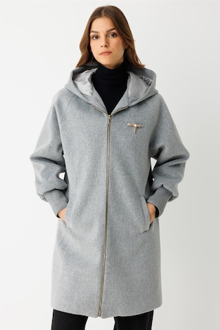 Fermuar Kapamalı Kapişonlu Kaban Gri Gri