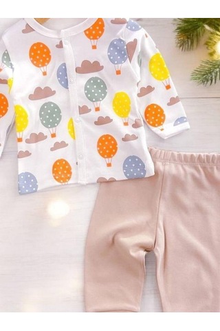 Bebek Uçan Balonlu Bulutlu Pamuklu Alt Üst Takım-15134 Vizon