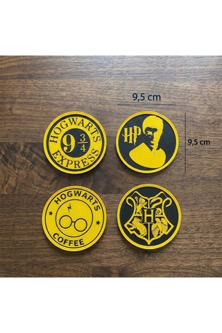Harry Potter Fan Özel 4'lü Coaster Seti - Sarı-siyah Hogwarts Tasarımlı Bardak Altlığı Sarı - Siyah