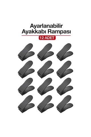12 Adet Ayarlanabilir Ayakkabı Rampası Dolap İçi Ayakkabı Düzenleyici Organizer Siyah