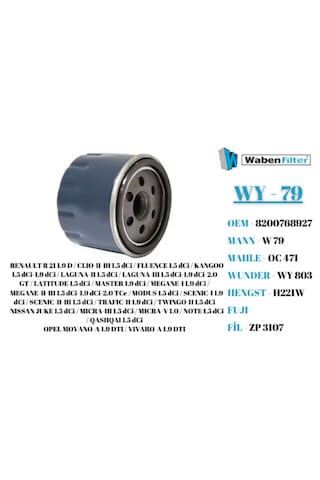 Renault Fluence Megane Clio 1.5 Dci Dacia Duster Motor Yağ Filtresi Waben Wy-79 - 8200768927