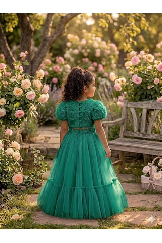 Star Kids Fashion Kız Çoçuk Zümrüt Yeşili Gül Detaylı Crop Elbise, Kız Çoçuk Doğum Günü Elbisesi Yeşil