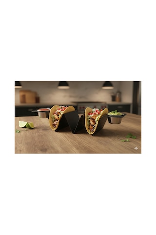 Modern Tasarım 3 Bölmeli Taco Standı Ve Sosluk Seti - Mat Siyah Metal Taco
