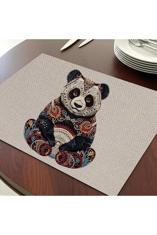 Renkli Panda Tasarımlı Amerikan Servis, Tabak Altlığı & Şık Masa Dekoru, Ev Hediyesi, 2 Adet Krem