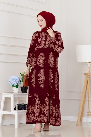 Sevitli Yarım Düğmeli Robalı Zülal Elbise-bordo-5208