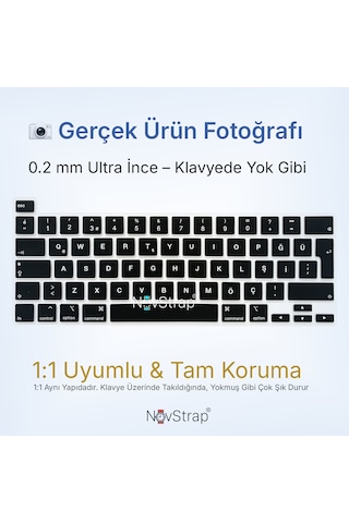 Novstrap Apple Uyumlu MacBook Pro 13 İnc M1 M2 A2338 A2289 A2251 İle Uyumlu Türkçe Q Siyah Klavye Koruyucu Kılıf