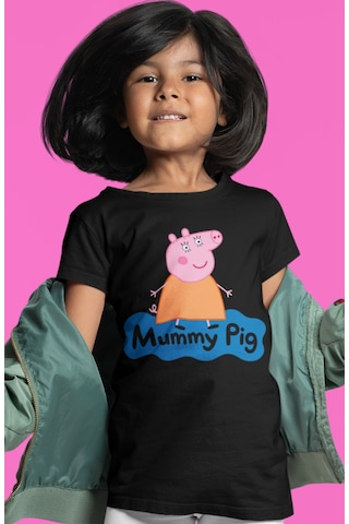 Sevbano Anne Pig Peppa Pig Baskılı Unisex Çizgi Film Çocuk Tişört 1-12 Y Siyah