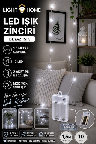 Kablolu Led Işık Zinciri Beyaz Dekoratif Led Aydınlatma Oda Duvar Yatak Odası Parti Yılbaşı Süsü 1,5 Metre 10 Led