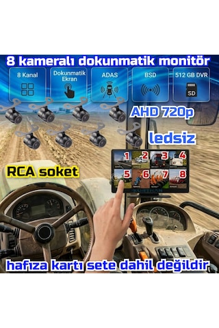 8 Adet Ledsiz Ahd 720p Kelebek Kamera 8 Ch 10 İnç Dokunmatik Ekran 512 Gb Dvr Adas Bsd 12 Volt