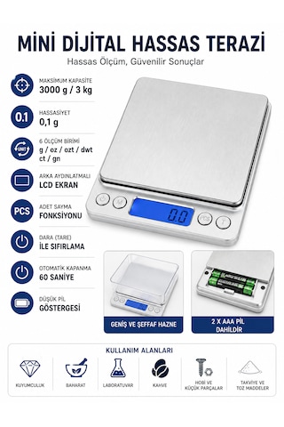 Dijital Hassas Mutfak Tartısı 3000 G Kapasiteli 0,1 G Hassasiyetli Lcd Ekranlı 6 Ölçüm Birimli Açık Gri