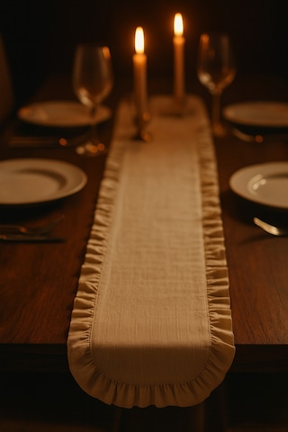 Fırfırlı Masa Runner 145x40 Cm Şık Dekoratif Masa Örtüsü Krem