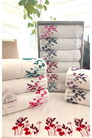 6.lı Set Annem 50x90 Cm. Özel Tafting Nakışlı Kadife Doku Çeyizlik Lüks Havlu Seti Beyaz Beyazdal Beyaz