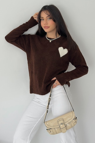 Noa & Noa Kadın Kalpli Kalın Triko Kazak Oversize & Minimal Romantik Stil Kahverengi